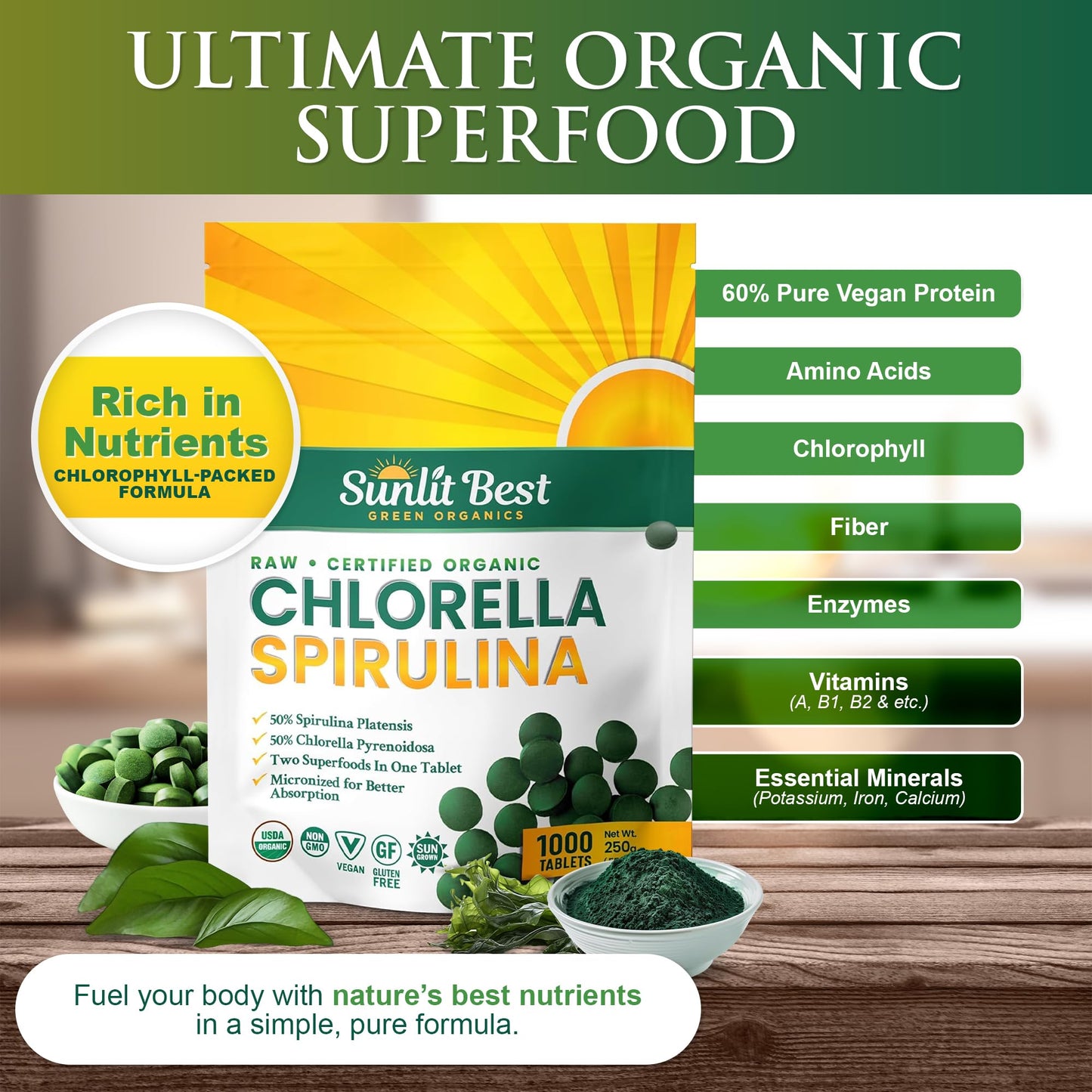 Sunlit Best Chlorella Spirulina Tablets - Organic USDA, Premium Spirulinas and Chlorella Capsules 500 Pills - Chlorellas Natural Superfood with Spirulina Algae, Enzymes Chlorophyll & Vegan Protein