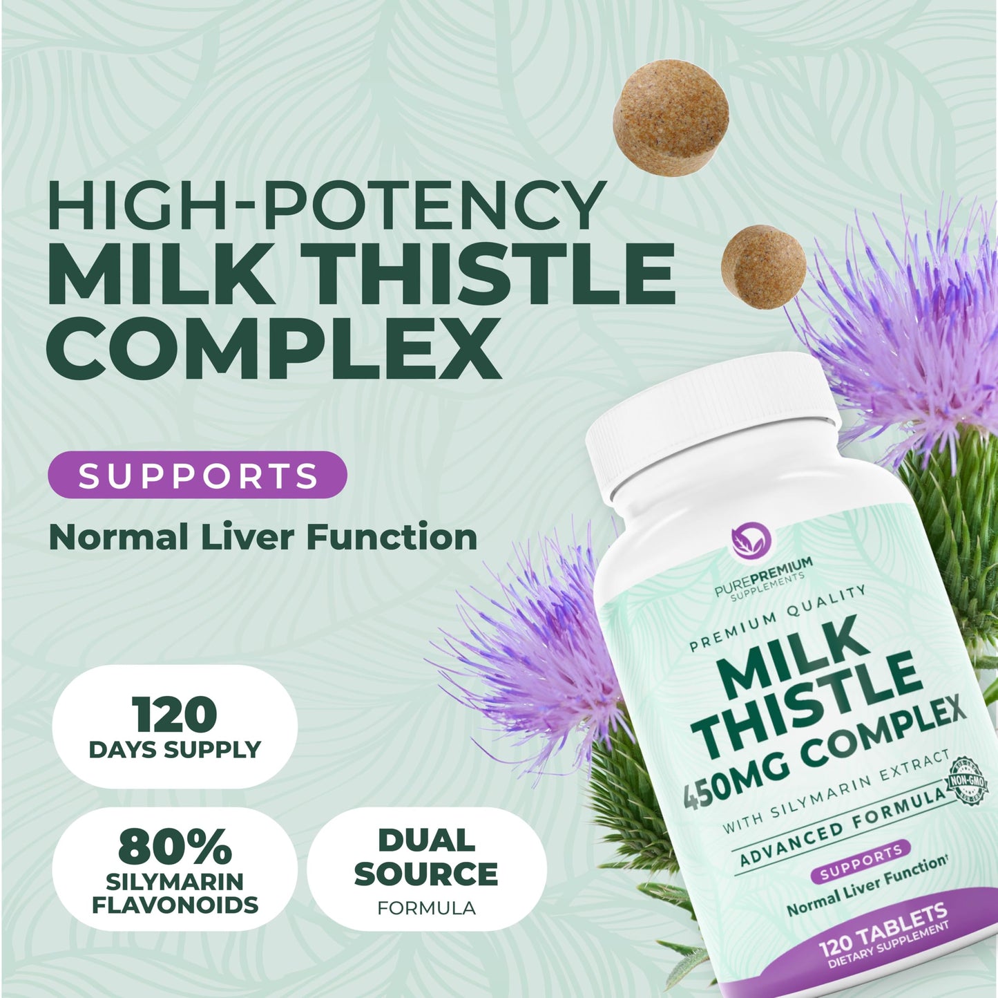 PurePremium Milk Thistle Supplement, 120 Tablets, 80% Silymarin Standardized Extract - High Potency Pure 450mg Complex – Supports Normal Liver Function & Overall Health – Non-GMO, Gluten-Free