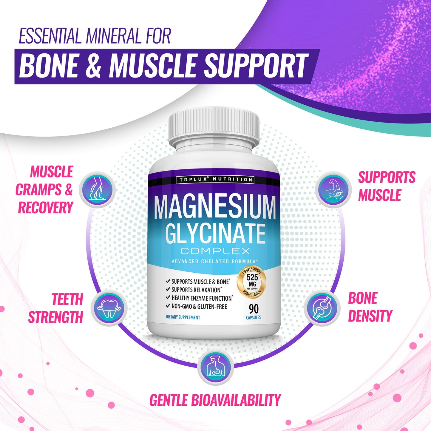 Magnesium Glycinate 525mg - High Absorption Chelated Magnesium Supplement Made with Pure Magnesium Glycinate - Supports Muscles, Sleep, Cramps, Recovery Bisglycinate Complex Vegan Non-GMO 90 Capsules