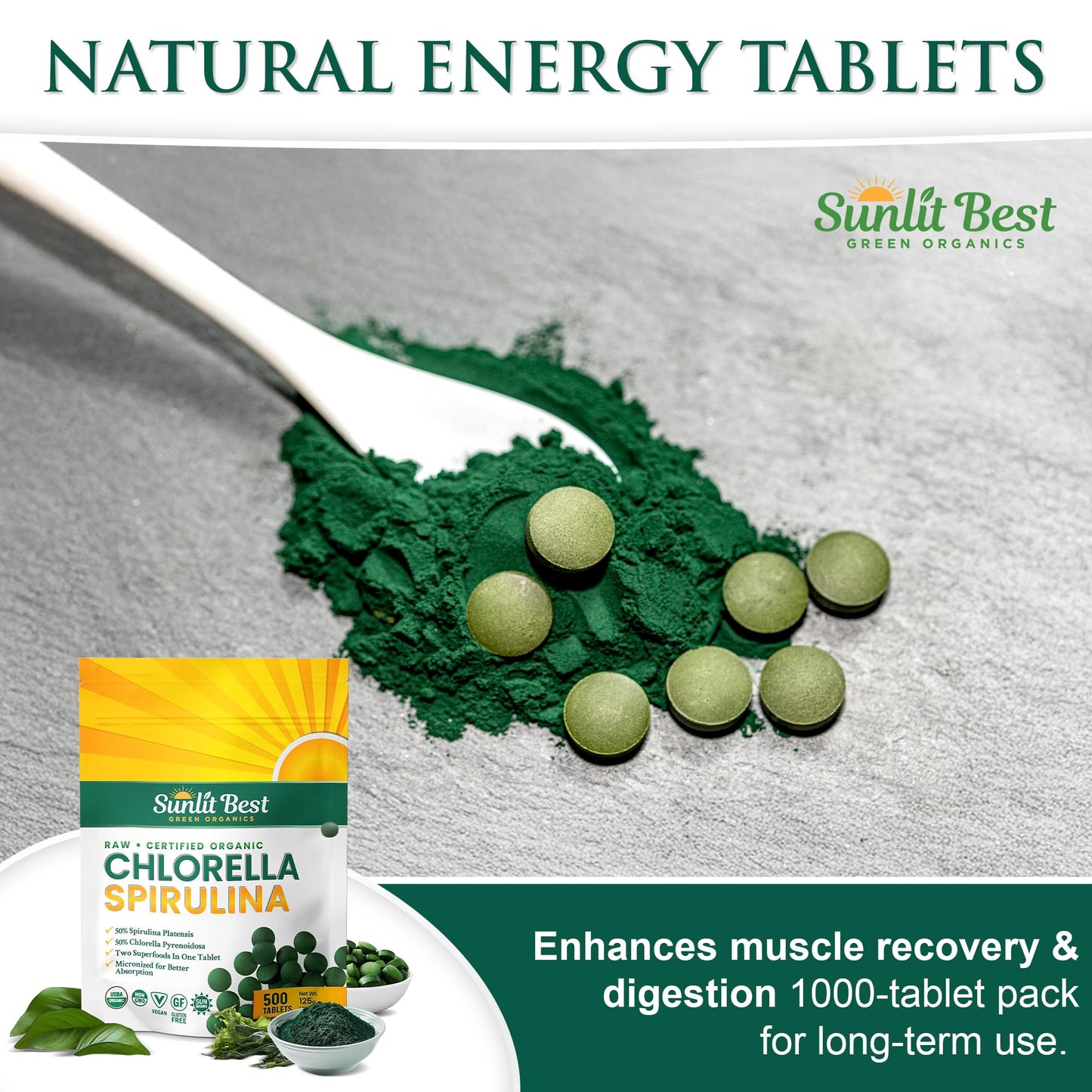 Sunlit Best Chlorella Spirulina Tablets - Organic USDA, Premium Spirulinas and Chlorella Capsules 500 Pills - Chlorellas Natural Superfood with Spirulina Algae, Enzymes Chlorophyll & Vegan Protein