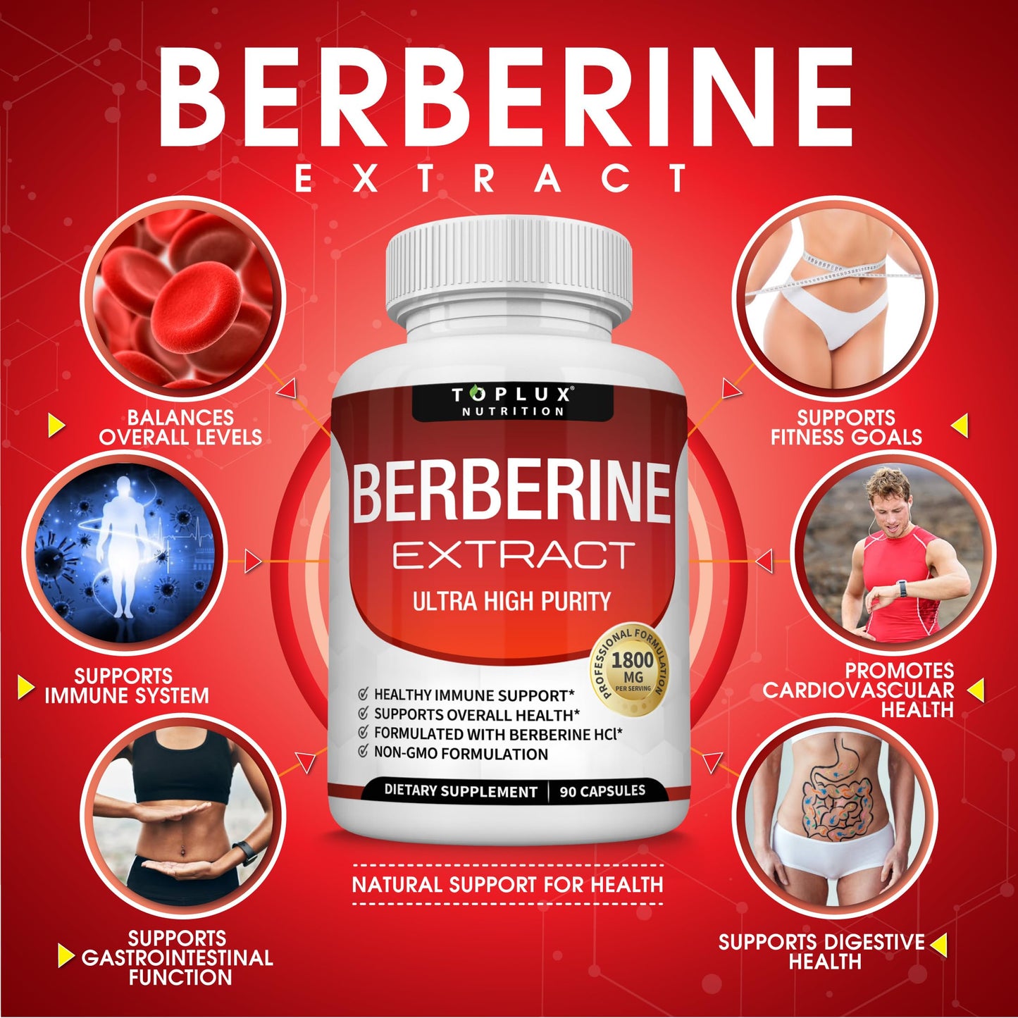 Berberine Supplement 1800mg - Berberine HCL 97% Tested Ultra High Purity Premium Berberine Extract to Support Overall Health, High Potency Berberine Plus Non-GMO Vegan Men Women, 90 Capsules