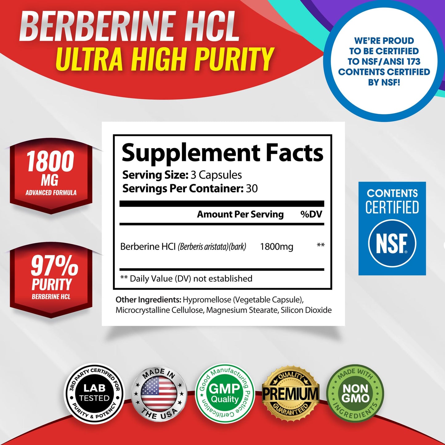Berberine Supplement 1800mg - Berberine HCL 97% Tested Ultra High Purity Premium Berberine Extract to Support Overall Health, High Potency Berberine Plus Non-GMO Vegan Men Women, 90 Capsules