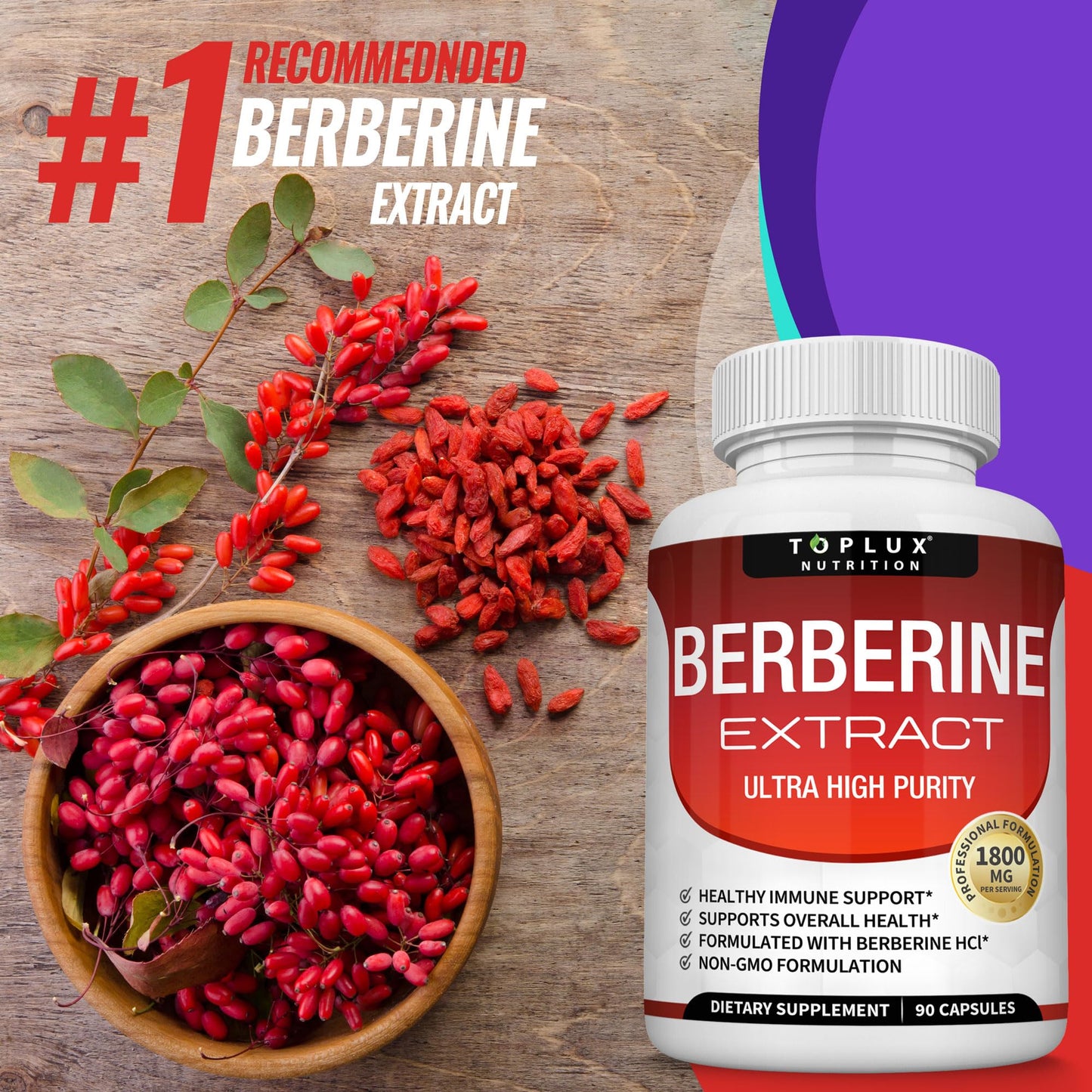 Berberine Supplement 1800mg - Berberine HCL 97% Tested Ultra High Purity Premium Berberine Extract to Support Overall Health, High Potency Berberine Plus Non-GMO Vegan Men Women, 90 Capsules